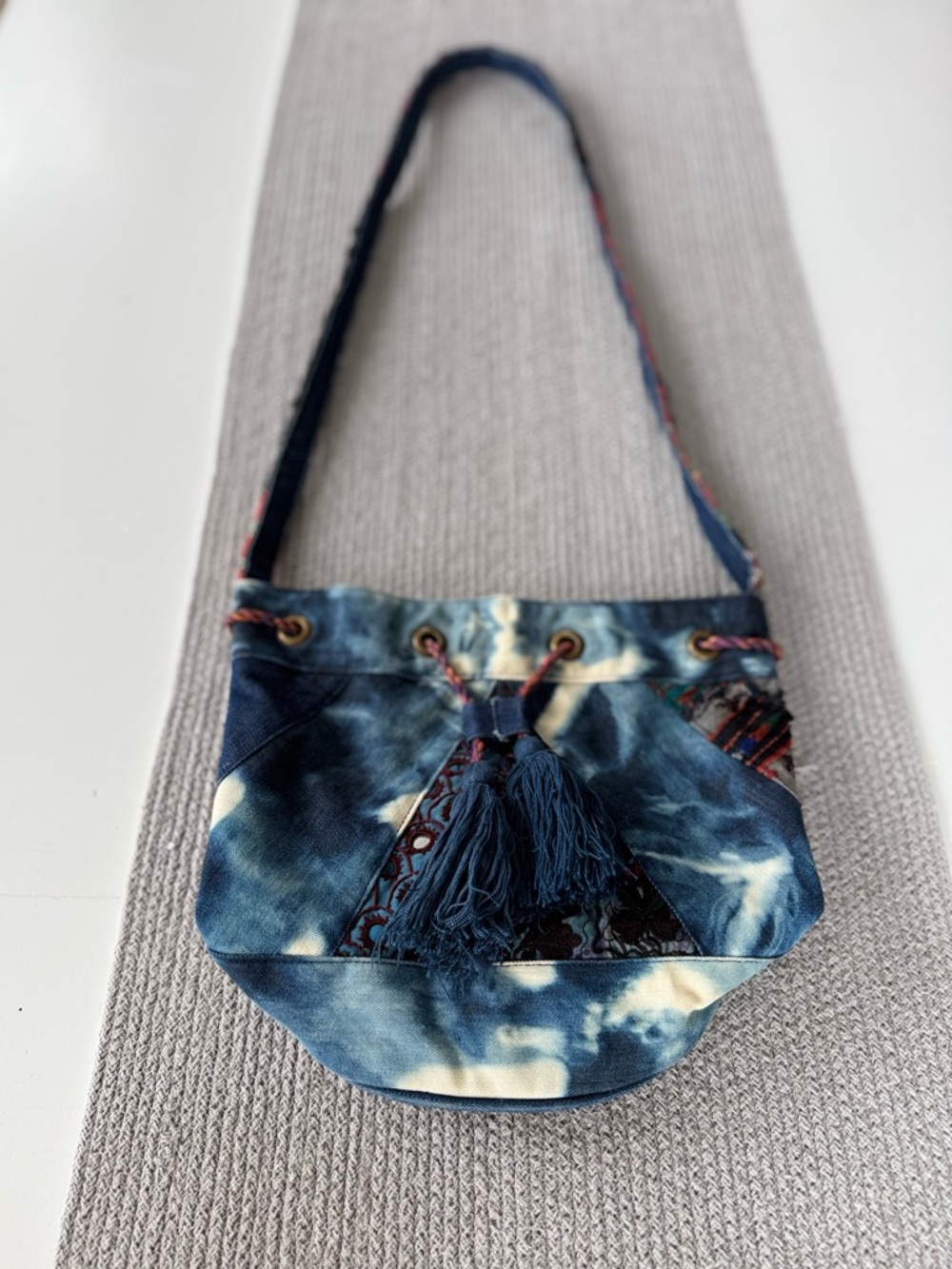Earthbound Trading Co. Navy Blue Embroidered Fringe Tassel Bucket Bag Crossbody - Picture 2 of 11